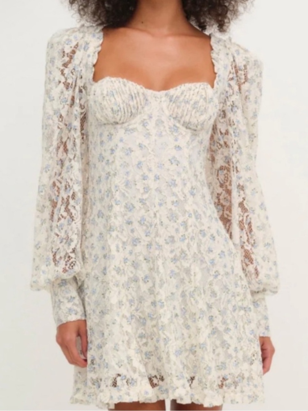 For Love & Lemons Lace Bustier Mini Dress Floral Cream / Blue Sz M